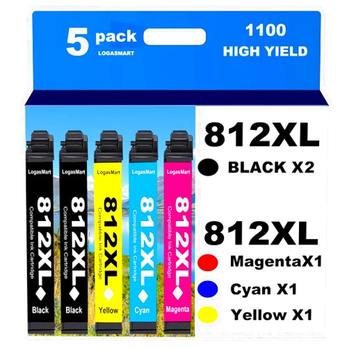 LOGASMART 812XL Remanufactured for Epson 812XL Ink cartridges Combo Pack for Epson 812 T812 XL for Epson Workforce Pro WF-7840 WF-7820 WF-7310 EC-C7000 Printer 5 Pack 2 Black 1 Cyan 1 Magenta 1 Yellow
