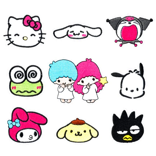 Generic 9 Pcs Cute Kawaii Cartoon Anime Embroidered Patches Kitty Melody Twin Stars Cinnamon Character Sew on/Iron on Applique Repair Patch DIY Craft Accessories for Clothing Jacket Jeans Dress Backpack Hat