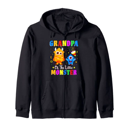 Matching Family Monster Birthday Party Tops ..... Grandpa Of The Little Monster Family Matching Birthday Party Zip Hoodie