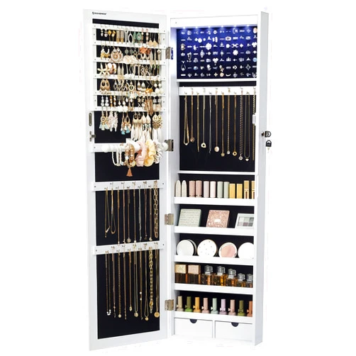 SONGMICS 6 LEDs Mirror Jewelry Cabinet, 47.2-Inch Tall Lockable Wall or Door Mounted Jewelry Armoire Organizer with Mirror, 2 Drawers, 3.9 x 14.6 x 47.2 Inches, White UJJC93W
