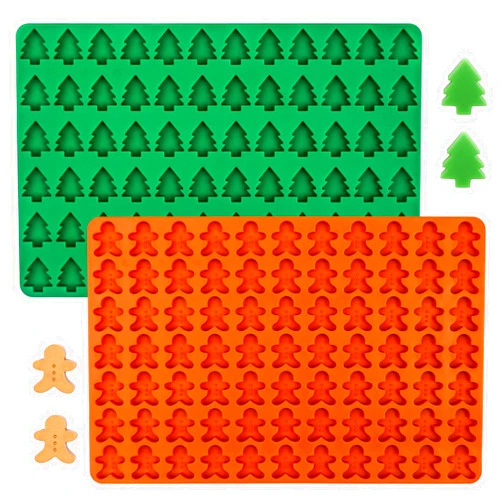 Webake Christmas Silicone Molds with Mini Christmas Tree and Gingerbread Shaped, 77-Cavity Christmas Holiday Molds for Chocolate, Candy, Gummy, Jello, Cupcake Decoration, Wax Melt (Pack of 2)