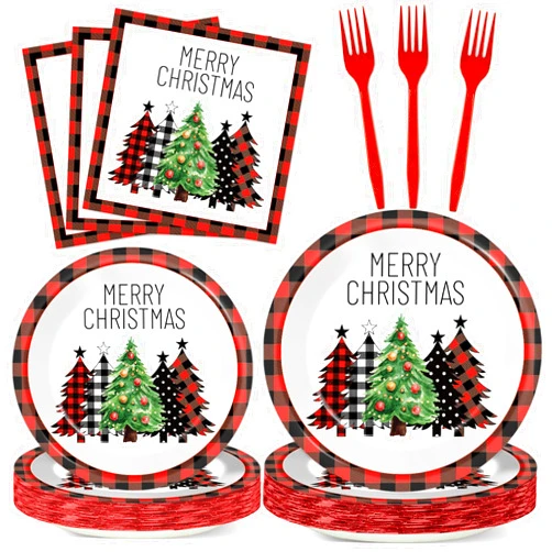 CHUNNIN 96 Pcs Christmas Red and Black Buffalo Plaid Paper Plates and Napkins for Merry Christmas Party Supplies Black Red Plaid Xmas Trees Party Tableware for 24 Guests Winter Xmas Party Decorations