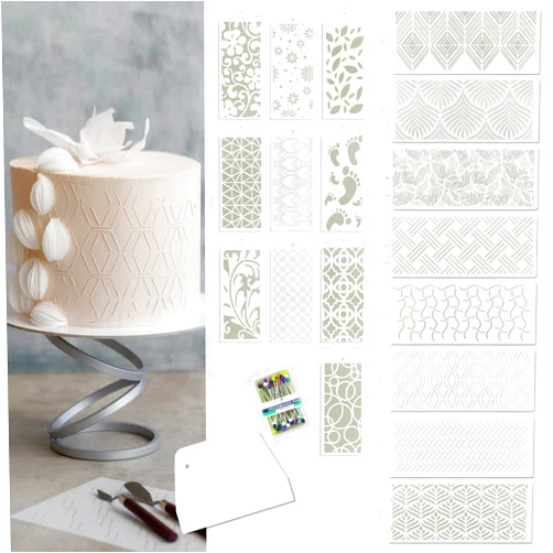 Qualiteia 18 PCS Cake Stencils Set - Templates with Scraper and 50 Pins for Decorating Dessert Baking Buttercream Icing Molds Lace Mermaid- Mesh Floral Reusable Spray Fondant Cookie Wedding