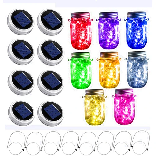 StarryMine Upgraded Solar Mason Jar Lights, 8 Pack 10 LED Waterproof Fairy Firefly Jar Lids String Lights with Hangers(Jars not Included), Patio Yard Garden Wedding Easter Decoration - 8 Colors