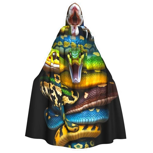 Guxkoqu 59inch With Hood For Men & Women,Hooded Cape Cloak Unisex Halloween Witch Vampire Wizard Raven Cosplay Costume(Colorful Viper Snake)