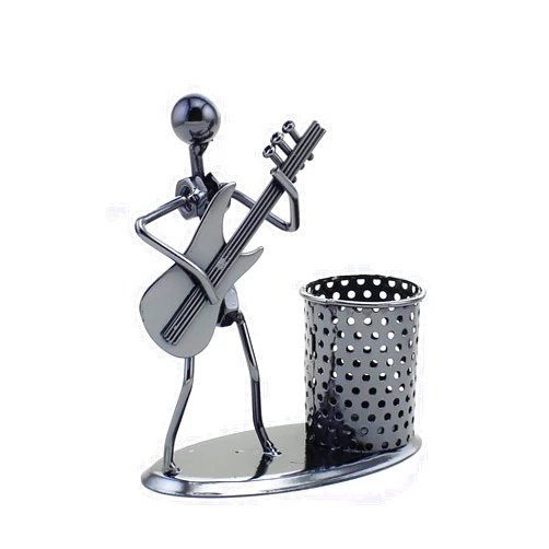 HAZOULEN Metal Art Pen Pencil Holder with a Musician Playing Music, Home Office Decoration Work Desk Organizer