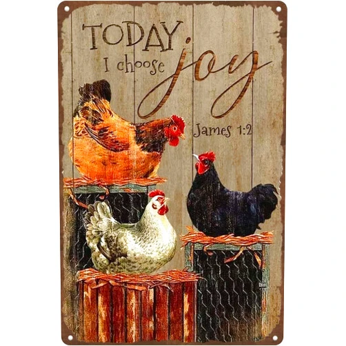 Habilboi Chickens on Farm Today I Choose Joy Kitchen Metal Funny Tin Sign Bar Coffee Home Kitchen Room Art Wall Plaque Decor Gift Outdoor Indoor Retro Vintage Mural 8x12inch
