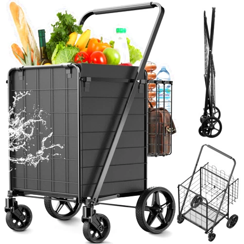 RXUJYC Heavy Duty Folding Shopping Cart for Groceries,Jumbo Upgraded Grocery Cart with Waterproof Liner, 360° Rolling Swivel Wheels and Double Basket for Shopping Laundry-Hold Up to 330 LBS