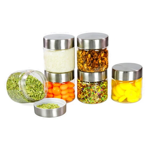 PEARLPET Transparent Plus Small Plastic Jar Container for Kitchen Storage Set with Stainless Steel Matt Finish Cap, 200 ML Set of 6 Pieces
