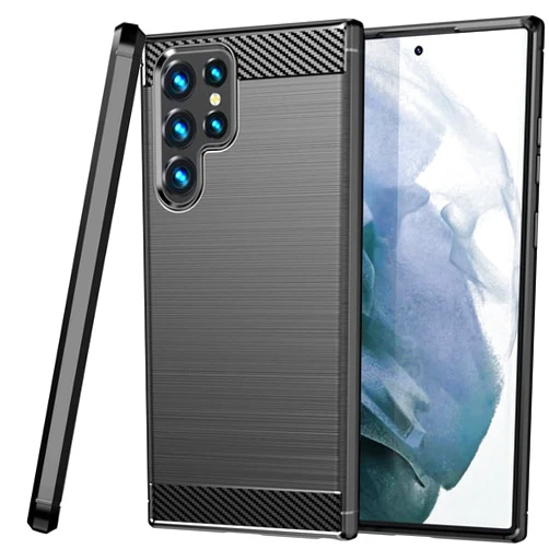 CoverON Designed for Samsung Galaxy S23 Ultra Case Slim, Minimal Thin TPU Rubber Flexible Skin Cover Shockproof Protective Silicone Sleeve Fit Galaxy S23 Ultra Phone Case - Black Carbon Fiber