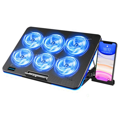 LIANGSTAR Laptop Cooling Pad, Laptop Cooler with 6 Quiet Fans for 12-17 Inch Notebook Gaming Fan Stable Stand, 7 Height & Wind Speed Adjustable, Blue LED Light can Turned Off，2 USB Port & Phone Holder