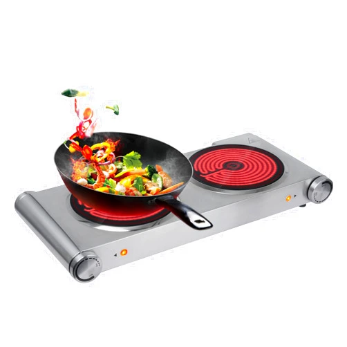 Davivy Hot Plate for Cooking Portable Electric Stove,Infrared Ceramic Dual Burners,Stainless Steel Base,Two Burners for ALL Cookwares for Home(silver,900W+900W) (Double Burner)