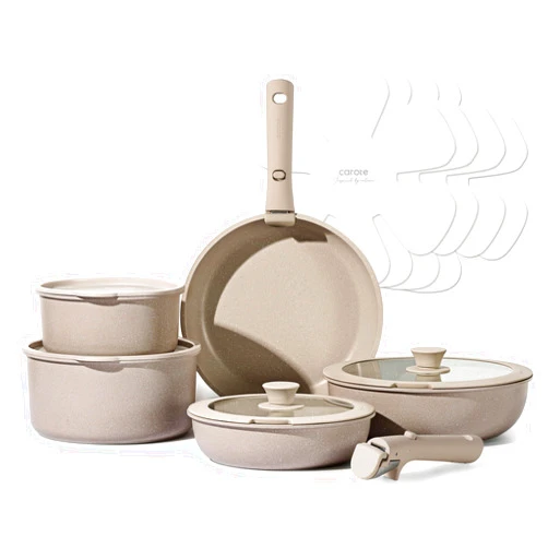 CAROTE 15pcs Pots and Pans Set, Nonstick Cookware Set Detachable Handle, Induction Kitchen Cookware Sets Non Stick with Removable Handle, RV Cookware Set, Oven Safe, Taupe