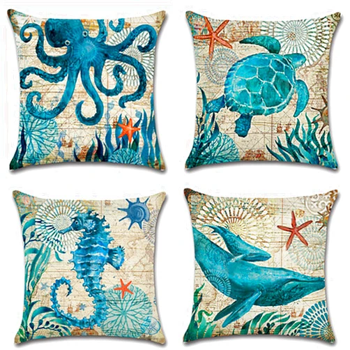 WSLSNZQ Sea Theme Decorative Square Cotton Linen Coastal Pillow Cover Ocean Animal Cushion Cover Throw Pillow Covers 18x18 Inch Set of 4 Nautical Pillow Covers for Home Sofa Couch Decor