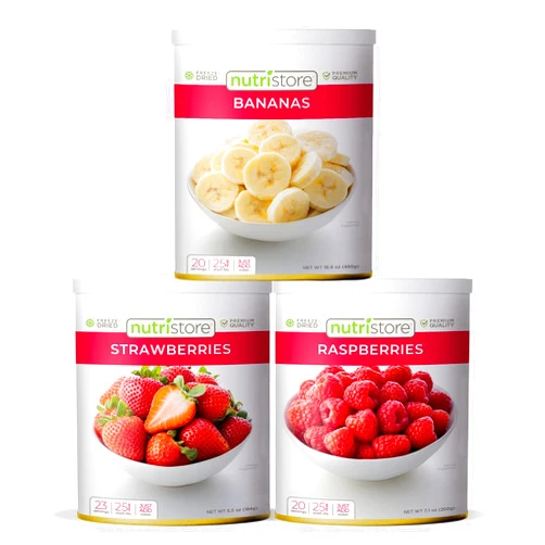 Nutristore Freeze Dried Fruit Variety Sample Pack | Strawberries, Bananas, & Raspberries | Delicious Healthy Snacks | Emergency Survival Food Storage Supply | 60 Servings