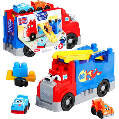 MEGA BLOKS First Builders Toddler Building Blocks Toy Set, Build & Race Rig with 19 Pieces, 2 Race Cars and Storage, Red, Ages 1+ Years