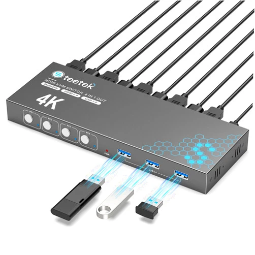 Steetek USB 3.0 HDMI KVM Switch 1 Monitors 4 Computers, 4K@60Hz KVM Switches for 4 Computers Sharing Monitor Keyboard Mouse Hard Drives Printer, with EDID Adaptive,1 HDMI Cable and 4 USB Cable