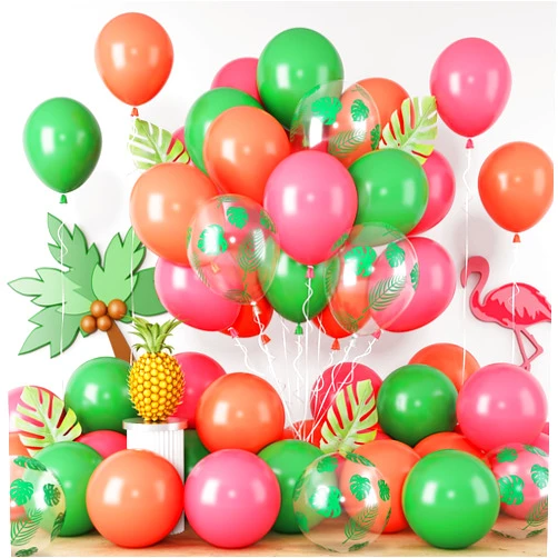 Paeyeq Tropical Balloons Pink Green Rose Balloons for Flamingo Hawaiian Luau Party Decorations Summer Aloha Birthday Decor with Tropical Leaf Printed Balloon 12INCH Pink Green Helium Latex Balloons for Arch