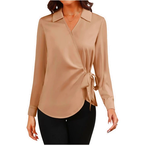 JMITHA Women Satin Silk Blouse Wrap Tie Knot Front V Neck Long Sleeve Shirt Casual Office Work Tunic Pullover Top