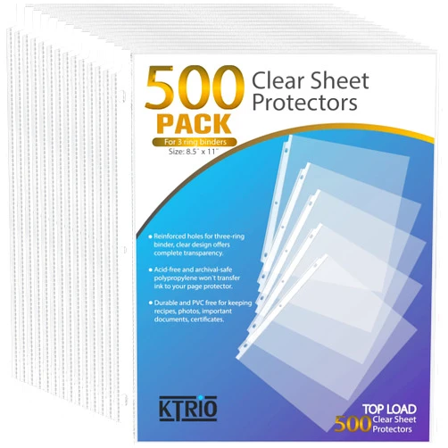 KTRIO 500 Pack Sheet Protectors 8.5 x 11 inch, Clear Page Protectors for 3 Ring Binder, Plastic Sleeves for Binders, Top Loading Paper Protector Letter Size