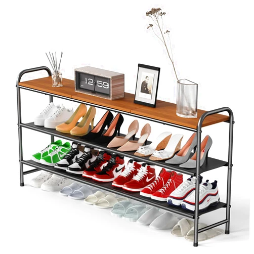 YKDIRECT Wood 3-Tier Long Shoe Rack, 24 Pairs Shoe Organizer Shoes Rack, Metal&Fabric Design Shoes Organizer for Closet, Entryway, Bedroom, Cloakroom (Brown)