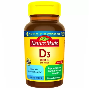 Nature Made Vitamin D3, 180 Softgels, Vitamin D 1000 IU (25 mcg) Helps Support Immune Health, Strong Bones and Teeth, & Muscle Function, 125% of the Daily Value for Vitamin D in Only One Daily Softgel