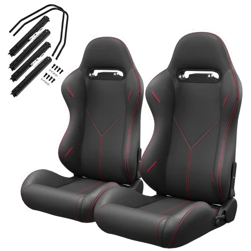 VroomAuto Pair of Universal Racing Seats, PVC Leather, Racing Bucket Seats with Dual Sliders, Reclinable for Driver and Passenger Side (VR016)