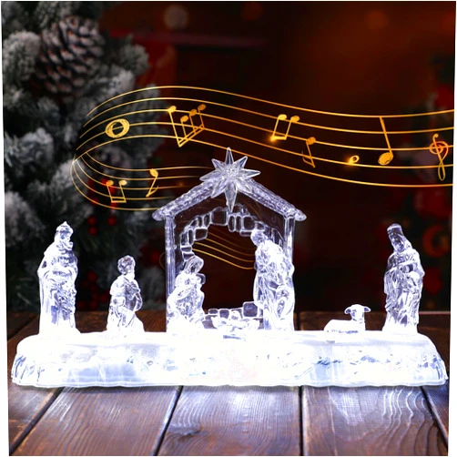 Cinnvoice 13 Inch Nativity Sets Indoor Decor for Christmas LED Acrylic Clear Lighted Musical Nativity Scene People Set Decorations for Xmas Home Table Shelf Christmas Religious Gift