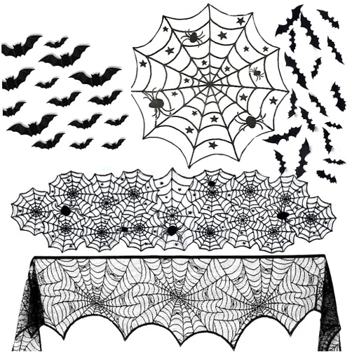 OKA Directo OKA 3 Pack Halloween Decorations Spider Webs Tablecloth Fireplace Scarf Runner Round Cobweb Curtain with 32pcs 3D Bat Stickers for Halloween Spooky Room Decor