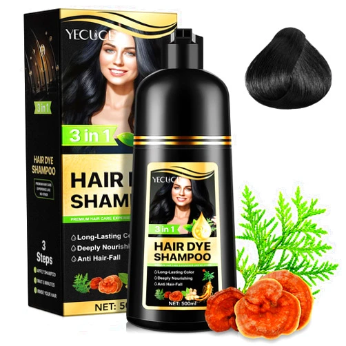 HELTURE Black Hair Dye Shampoo, 3 in1 Hair Color Shampoo for Gray Hair, Coverage for Women & Men Natural Herbal Plant Semi Permanent Grey Hair Cover Treated 500ml