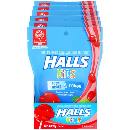 Halls Kids Cherry Cough and Sore Throat Pops - for Children - 60 Pops (6 bags of 10 Pops)