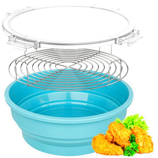 Nasominako Breader Shaker Bowl with Lid - Collapsible Breading Batter Bowl Silicone with Tray Mess-free Durable Breading Shaker Container & Mixing for Frying Chicken Fish Kitchen Barbecue (Light Blue)