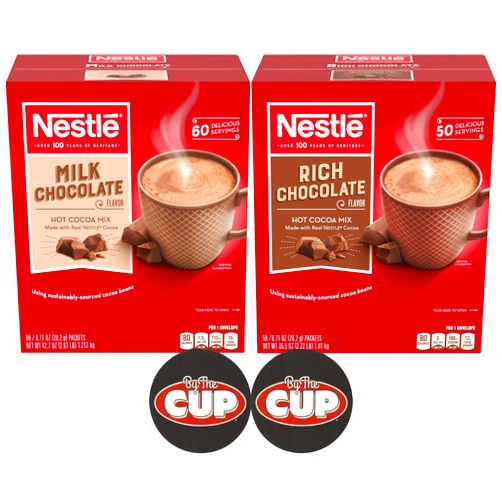 By The Cup Nestlé Hot Cocoa Mix Variety, Milk Chocolate & Rich Chocolate, 110 Single Serve Hot Cocoa Packets with By The Cup Coasters