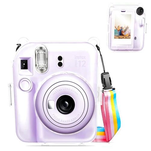 Fintie Protective Clear Case for Fujifilm Instax Mini 12 Instant Camera - Crystal Hard Shell Cover with Upgraded Film Pocket for Storing Photos & Removable Shoulder Strap
