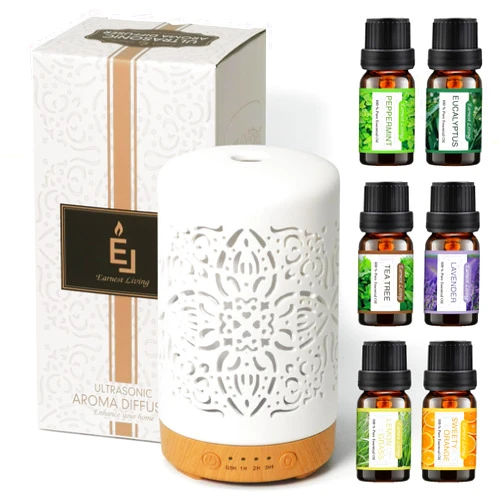 Earnest Living Essential Oil Diffuser Gift Set White Ceramic Diffuser 100 ml & Essential Oil Set Timers Night Lights Auto Off Function Home Office Humidifier Aromatherapy Diffusers for Essential Oils