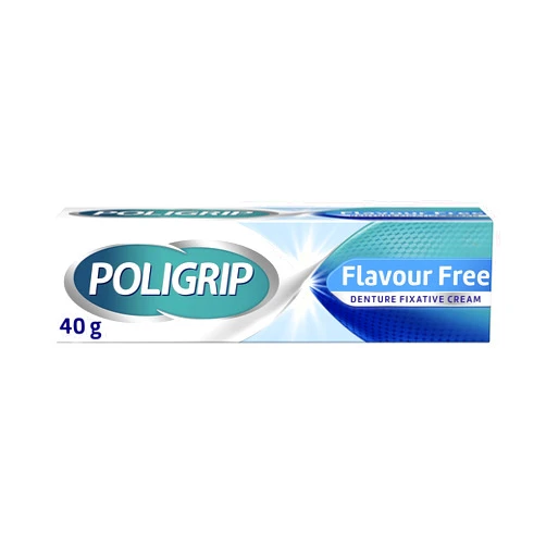 Poligrip Denture Adhesive Fixative Cream, Adhesive Flavour Free for Strong All-Day Hold of dentures, 40g