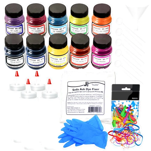 GrandProducts Art Bundles Jacquard Procion MX Bundle Fiber Reactive Dye, Jacquard Soda Ash 1-Pound,3 Pairs of Pixiss Latex Gloves, 1-Ounce Assorted Sizes Rubber Bands, 4X 8-Ounce Squeeze Bottles, 10 Craft Spoons Scoops