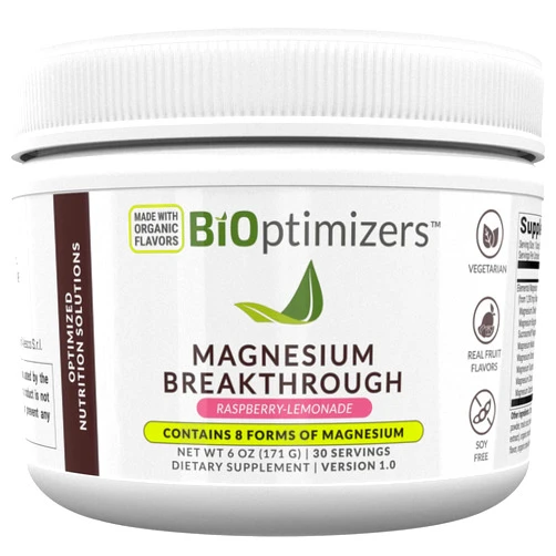 BIOptimizers Magnesium Breakthrough Drink Raspberry Lemonade - 8 Forms of Magnesium: Glycinate, Malate, Citrate, and More - Natural Sleep and Brain Supplement – 6 oz (30 Servings)