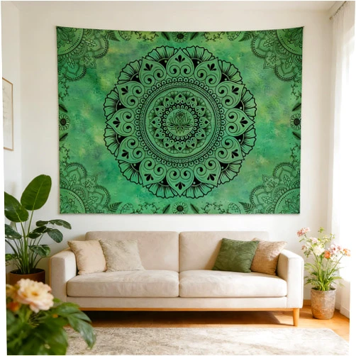 KJHL Green Bohemian Lotus Mandala Tapestry Wall Hanging for Bedroom, Boho Room Decor Aesthetic Tapestries for Living Room Dorm 44