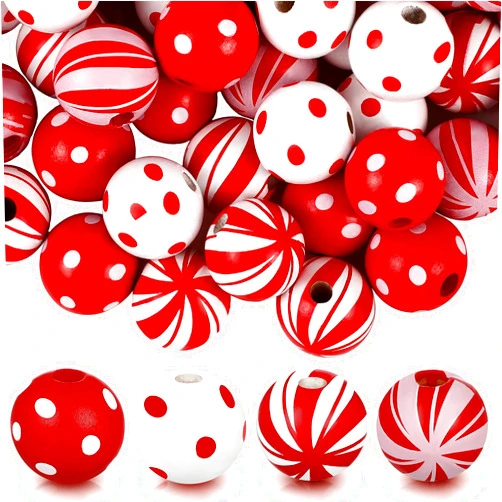 Youyole 100 Pieces Candy Cane Wooden Beads 0.63 Inch Christmas Dotted Striped Wood Beads Colorful Round Spacer Beads Natural Farmhouse Craft Beads with Hole for DIY Craft Supplies Holiday Decoration, 4 Colors