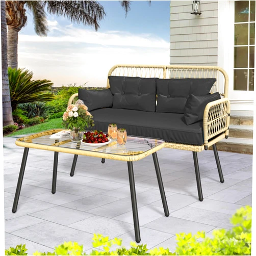 YITAHOME 2-Piece Patio Furniture Wicker Outdoor Loveseat, All-Weather Rattan Conversation for Backyard, Balcony and Deck with Soft Cushions and SideTable (Light Brown+Black)