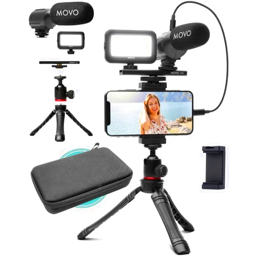 Movo iVlogger Vlogging Kit for iPhone - Lightning Compatible YouTube Starter Kit for Content Creators - Accessories: Phone Tripod, Phone Mount, LED Light and Shotgun Microphone