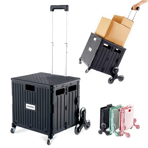 MACOPRO Foldable Utility Cart with Stair Climbing Wheels, Collapsible Rolling Crate with Telescoping Handle, Folding Shopping Trolley Handcart Grocery Book File Tool Teacher Storage Basket (Black)