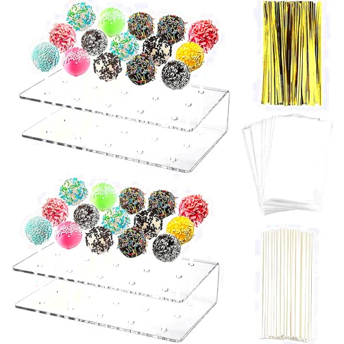 SUNLUYAO 2 Packs Acrylic Lollipop Holder Acrylic Cake Pop Stand Display Cake Pop Holder 100PCS Lollipop Sticks 100PCS Clear Treats Bags and 100PCS Gold Metallic Twist Ties for Candy Cake Pop Making Tools