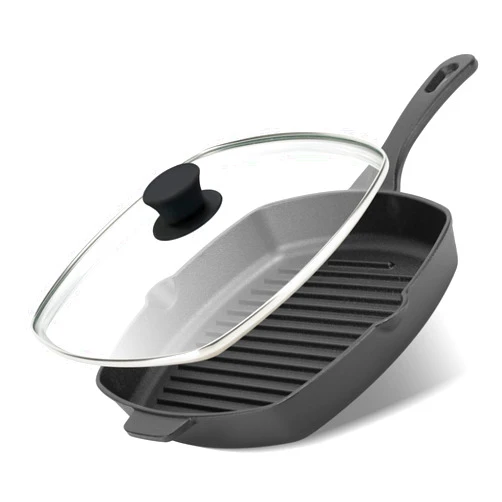 Northriver Casting 10.5 Inch Cast Iron Square Grill Pan with Tempered Glass Lid, Heavy Steak & Bacon Pans for Stove Tops