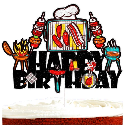 Bijeoda Barbecue Cake Topper for Kids Adult BBQ Sausage Party BBQ Theme Party Decorations Supplies Camping Cake Decor Glitter BBQ Birthday Cake Decorations