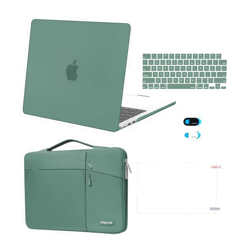 MOSISO Compatible with MacBook Air 13 inch Case 2025 2024 2023 2022 M3 A3113 M2 A2681,Plastic Hard Case&Horizontal Vertical Right Bevel Pockets Bag&Keyboard Skin&Webcam Cover&Screen Film,Emerald Green