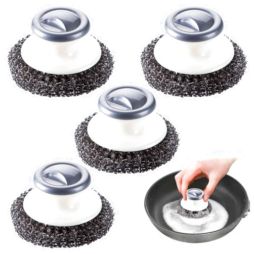 Hautllaif 4Pcs Stainless Steel Wool Scrubber with Handle，Heavy Duty Dish Scrubber Cleaning Brush Sponge for Pots, Pans, Grills, Sink…