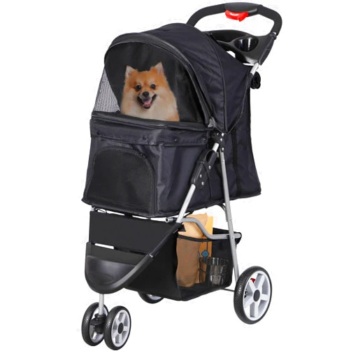 Pet Republic Foldable Pet Stroller for Cats and Dogs 3 Wheels Carrier Strolling Cart with Weather Cover, Storage Basket + Cup Holder (Black)