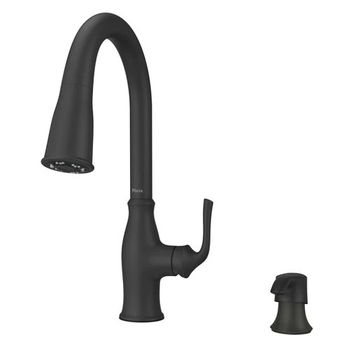 Pfister Rosslyn Kitchen Faucet with Pull Down Sprayer and Soap Dispenser, Single Handle, High Arc, Matte Black Finish, F5297RSSRB